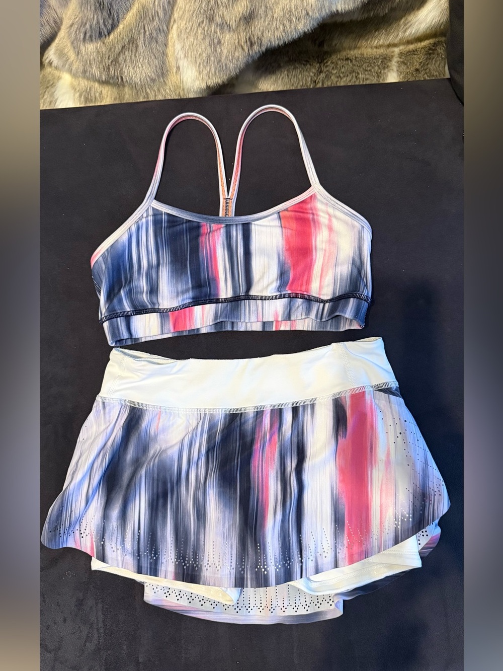 Lululemon Flow Y sports Bra 6 Run: Light As Air Skirt in a deep indigo shorts 2